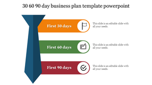 Business plan PPT template with three color stages for the first 30, 60, and 90 days, featuring text sections.