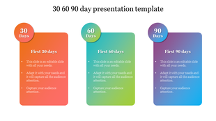 Template with gradient colored blocks in orange, green, and blue, each labeled with 30, 60, and 90 days and details.