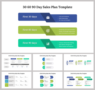Color-coded timeline for 30, 60, and 90 days, featuring icons for briefcase, target, and chart, with placeholder text areas.