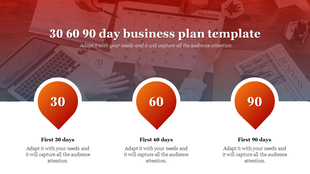 30 60 90 day business plan PowerPoint template featuring visual indicators for each phase with placeholder text.