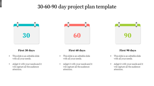 Three calendar-style icons representing 30, 60, and 90-day phases, each with text sections below outlining tasks 