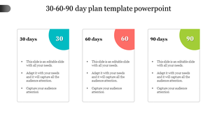 30 60 90 day plan PowerPoint slide with colorful segments for each phase with placeholder text.