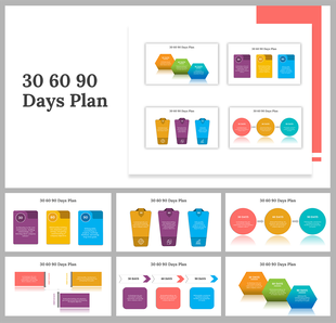 Set of 30 60 90 day plan templates with infographic styles, such as step diagrams, color-coded cards, and circular layouts.