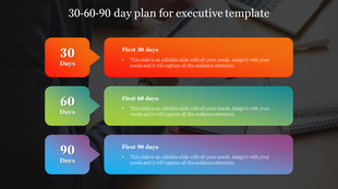 Three colored banners in red, green, and blue labeled 30, 60, and 90 days, arranged vertically on a dark background.