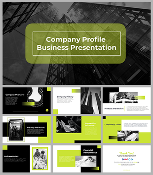 About us  slide deck with a sleek green-highlighted layout, featuring sections on business models and financial performance.
