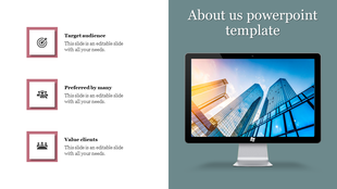  About us slide with three square icons on the left, and a monitor displaying skyscrapers, on a green background.