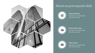 About us company overview PPT slide with hexagonal images of a building and icons with placeholder text.