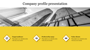 Company profile presentation slide with a black and white image of buildings and icons on a yellow theme.