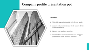 Company profile slide with a black and white skyscraper image in a frame, a cyan accent and a text section with points.