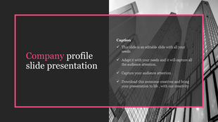 Company profile presentation slide featuring a black and white skyscraper image and a caption with text options.