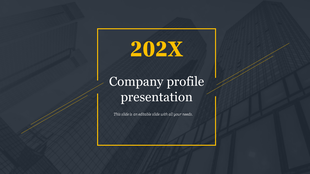 Dark themed company profile cover slide with bold yellow '202X' text, white typography, and a geometric yellow frame.
