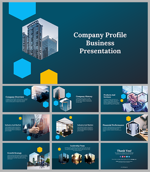 Company profile slides featuring images, a dark blue theme, and sections on growth strategy, leadership, and finance.