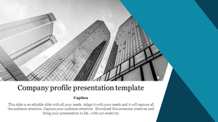 Company profile slide with a black and white skyscraper image, bold title, caption, and blue geometric design.