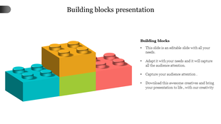 3D building blocks in blue, green, yellow, and red stacked on the left, with text on the right.