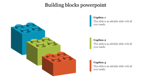 Three stacked building blocks in blue, green, and orange, representing stepwise concepts with three caption areas.