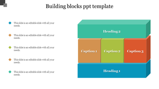 A building blocks PowerPoint template featuring colorful blocks with headings and captions arranged in layers.