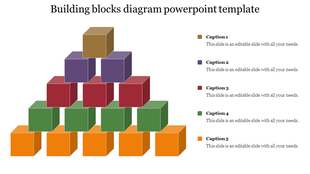 Stacked 3D blocks in orange, green, red, purple, and brown, forming a pyramid, with matching placeholders text.