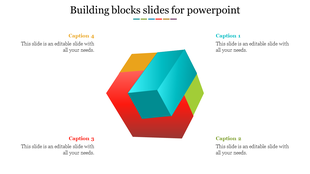 3D cube infographic with four colored segments and captions in blue, green, red, and orange, on a white backdrop.