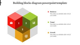 Building blocks diagram slide with colorful blocks labeled business, target, growth, and a numbered section in the center.