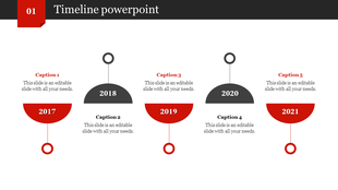 Five step timeline infographic from 2017 to 2021, using alternating red and black semicircles with captions.