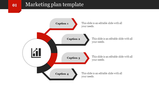 Minimalist business slide with three horizontal banners, red and black accents, and icons for business, target, and growth.