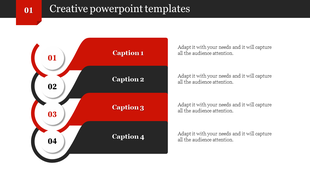 Creative design template with four wavy banners in red and black, linked to numbered white circles and aligned captions.