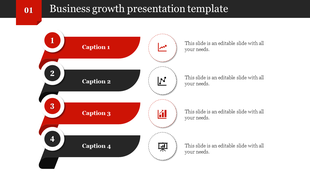 Business growth template showing four numbered steps with alternating red and black banners placed in white background.