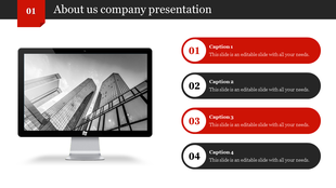 About us slide with a black and red design, featuring a large monitor showing buildings, and four numbered captions.