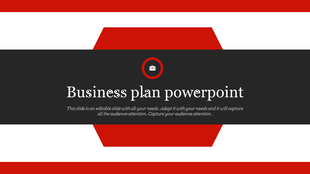 Business plan slide with a red hexagonal frame, featuring black banner with text and a briefcase icon in the center.