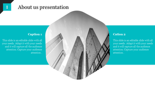 About us slide with a central hexagonal black-and-white skyscraper image, flanked by two teal text boxes.