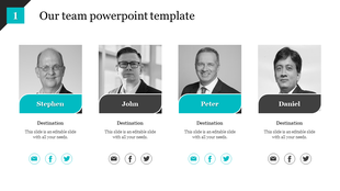 Team template with four black and white profile photos, names in blue and gray bars, and social media icons below.