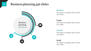 Business planning PPT template with a circular flow design, showing the stages from business to profit, each with an icon.