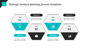Business strategy template with four steps, each showing an icon for idea, briefcase, target, and growth, with captions.