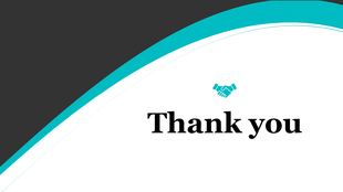 Thank You slide with black and teal curved design, featuring a handshake icon and bold text in the center.