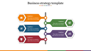 Business strategy slide with alternating steps in orange, green, blue, purple, and red, connected by a vertical line.