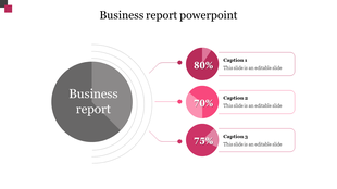 Business report slide template showing radial connection design linking central gray circle to three percentage metrics.