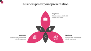 Floral shaped business diagram with three pink and black petals, icons for business, and central nodes labeled A, B, and C