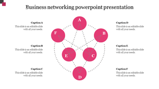 Business networking PowerPoint slide featuring sections with captions A to F in a circular layout.