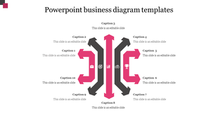 Business process slide with ten caption areas, arranged around pink and black arrows extending from a central vertical shape.