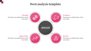 Business SWOT diagram with a black central SWOT circle, four pink segment with icons, and text placeholders for each factor. 
