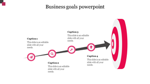 Arrow pointing towards a red target with four circular icons and captions aligned, on a white background.