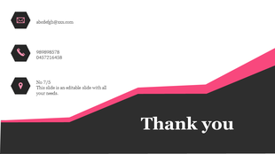 Thank you slide with a black and pink geometric footer, contact details with hexagonal icons for email, phone, and location.