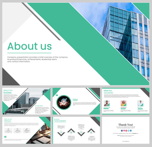 About us slide deck with a diagonal green theme, including sections on company vision, services, and team members.