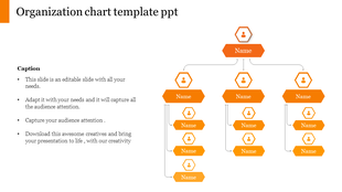 PPT slide displaying an organizational chart with orange hexagonal nodes representing individuals and their respective teams.