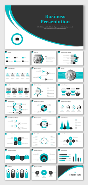 Professional business slide deck with a black, white, and teal theme, featuring structured layouts and data visuals.