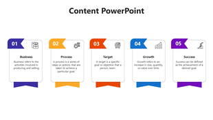 Content slide with five vertical banners in blue, yellow, orange, and purple, each numbered with an icon and text. 