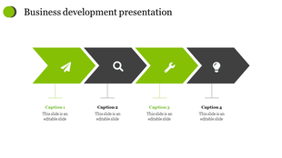 Business development slide with four green and black arrow segments, each containing a white icon and caption below. 