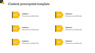 Content PowerPoint template with six numbered sections represented by yellow arrows with captions and placeholder text.