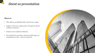 A corporate About us slide featuring a black and white image of modern office buildings and a circular yellow accent.