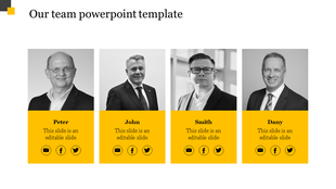 Team slide with four professionals in black and white portraits, names below, on yellow background with social media icons.